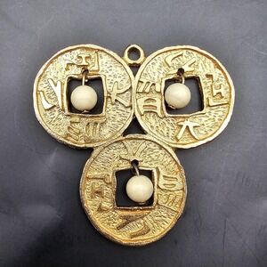 Vintage Unique Triple Asian Coin Pendant Beaded Gold Tone Large 2.5in SIGNED LJM